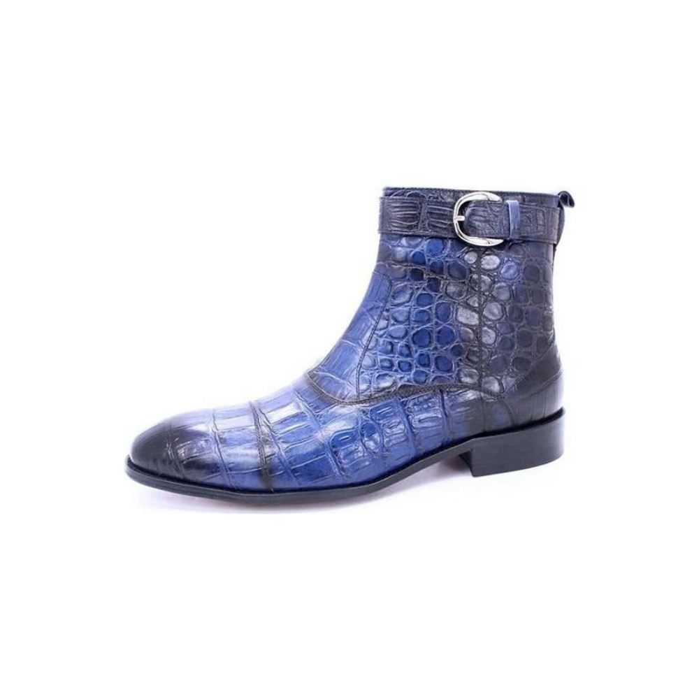 Bottes Pour Hommes Bottines Cuir À Bout Pointu Avec Boucle Zippée - Bleu