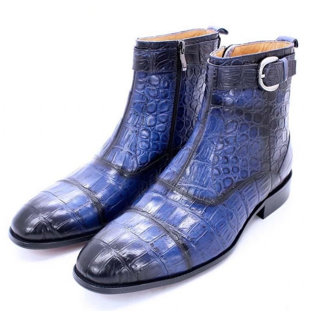 Bottes Pour Hommes Bottines Cuir À Bout Pointu Avec Boucle Zippée - Bleu