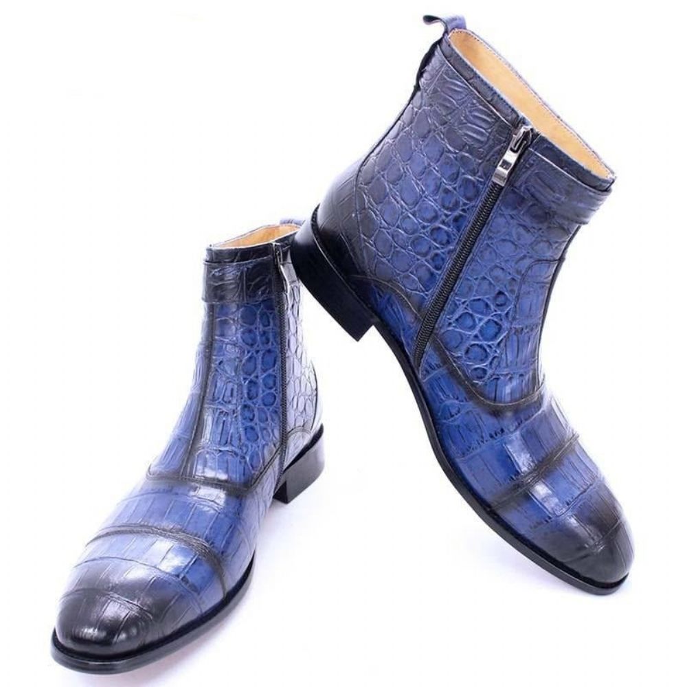 Bottes Pour Hommes Bottines Cuir À Bout Pointu Avec Boucle Zippée - Bleu