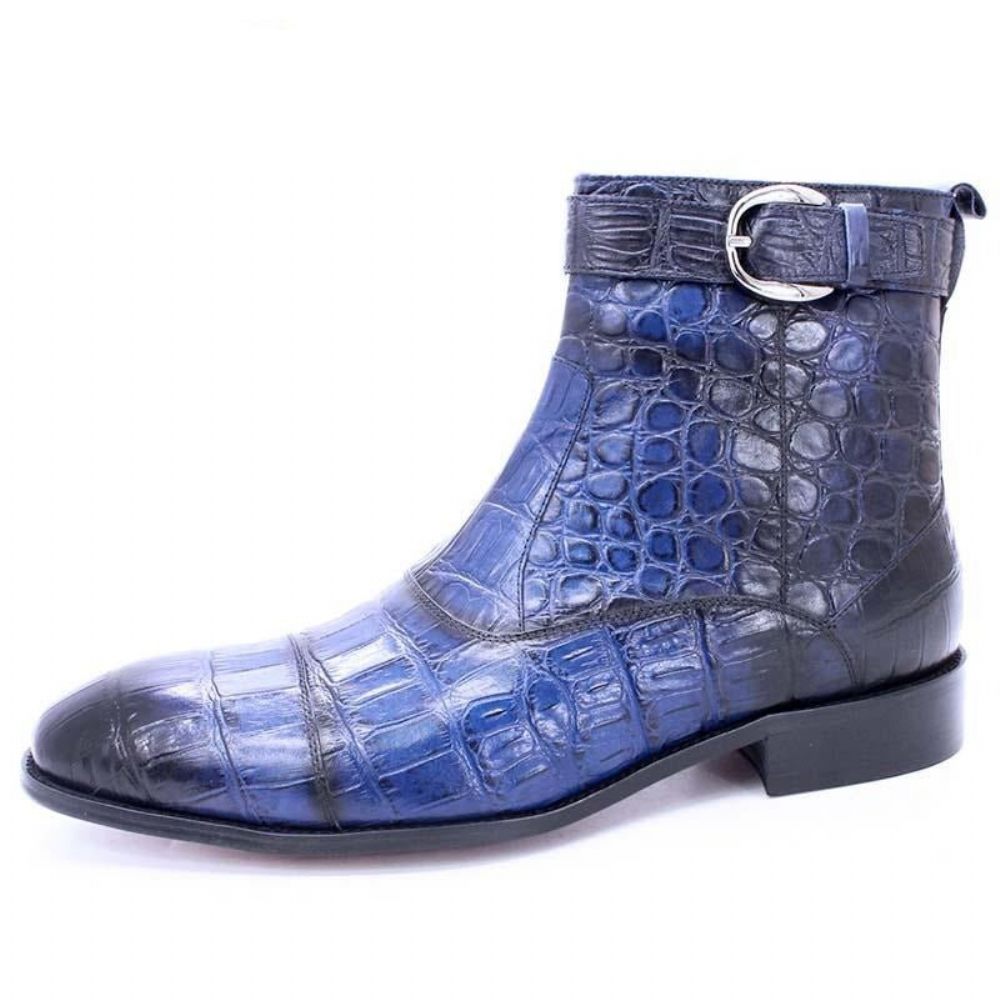 Bottes Pour Hommes Bottines Cuir À Bout Pointu Avec Boucle Zippée - Bleu