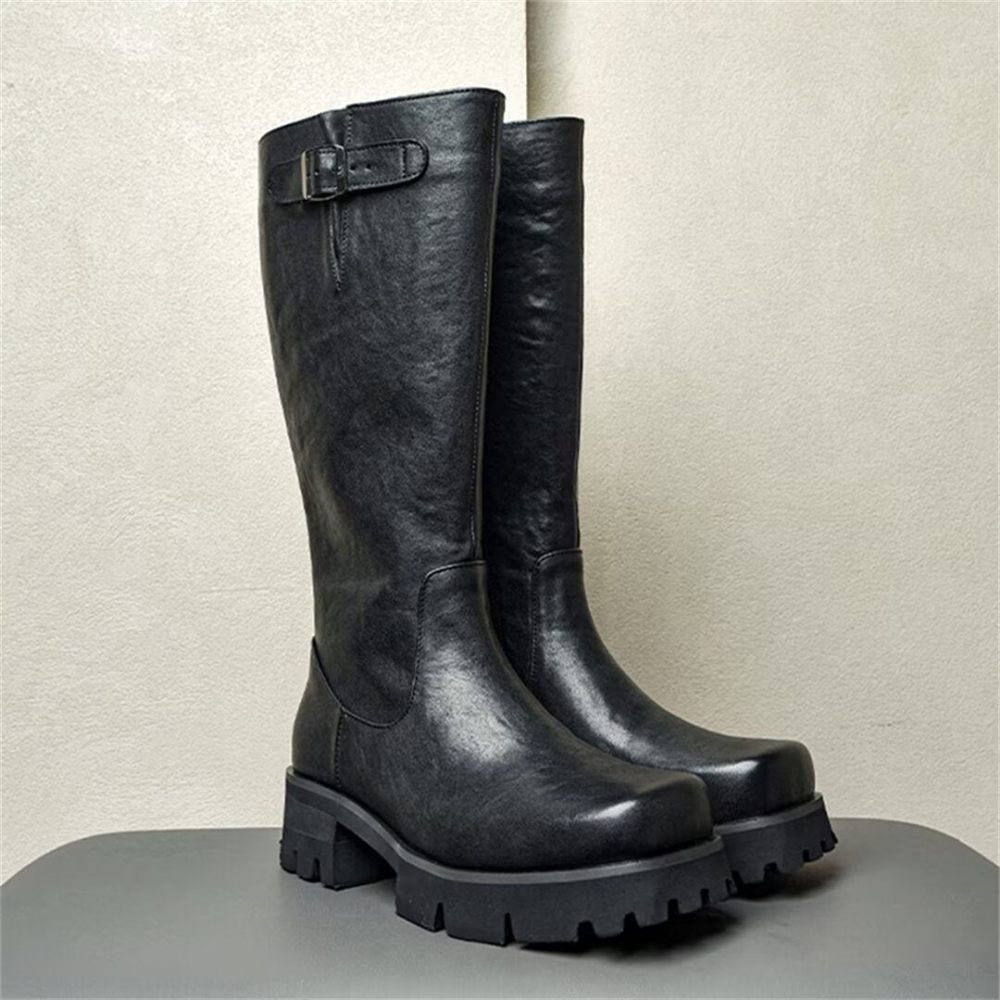 Bottes Pour Hommes Bottines Cuir À Bout Rond - Noir