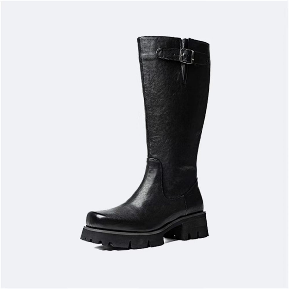 Bottes Pour Hommes Bottines Cuir À Bout Rond - Noir