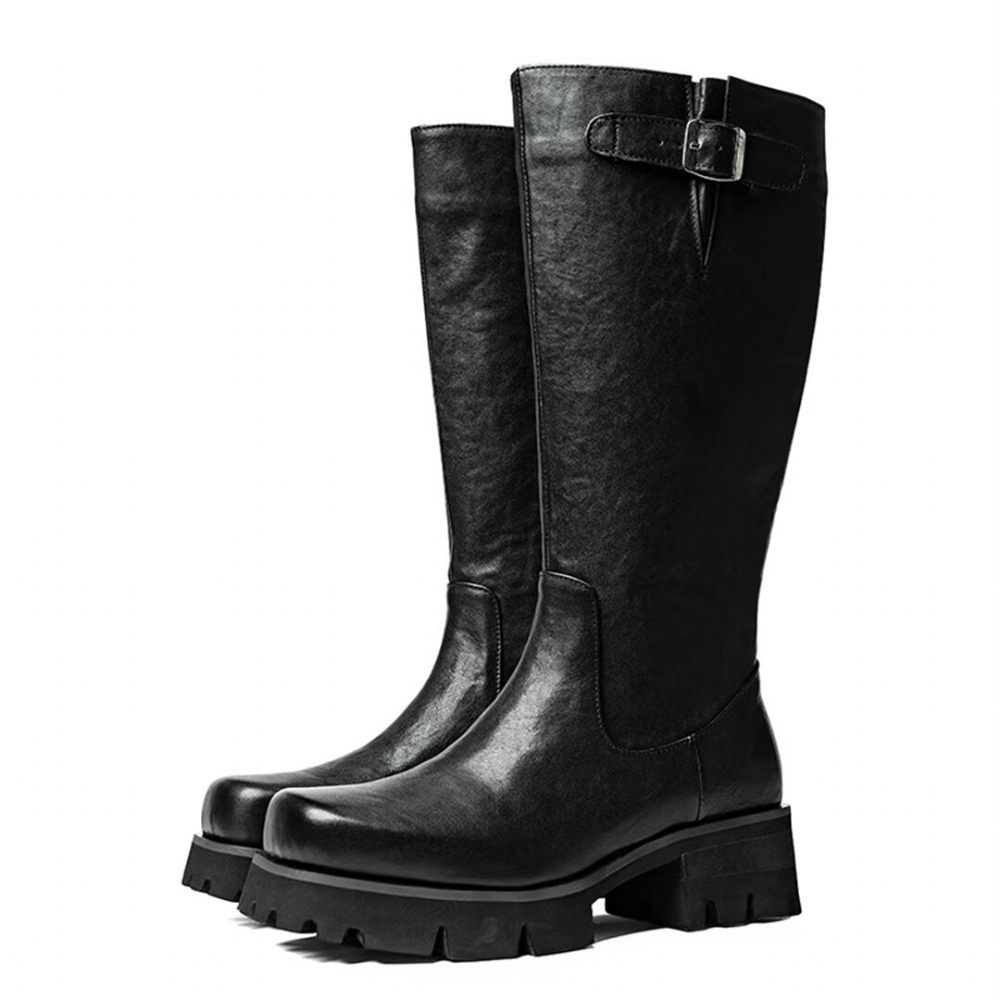 Bottes Pour Hommes Bottines Cuir À Bout Rond - Noir