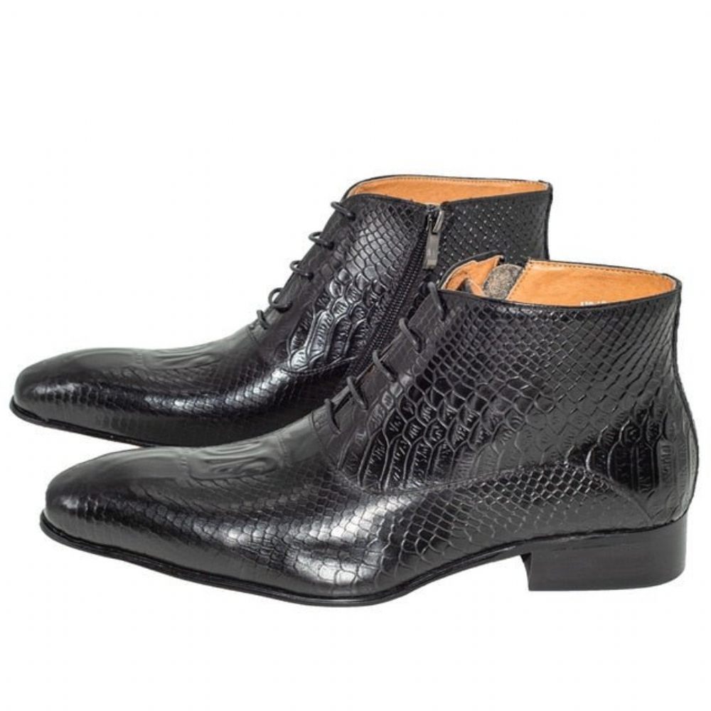 Bottes Pour Hommes Bottines Cuir Chic À Motif Croco Luxe - Noir