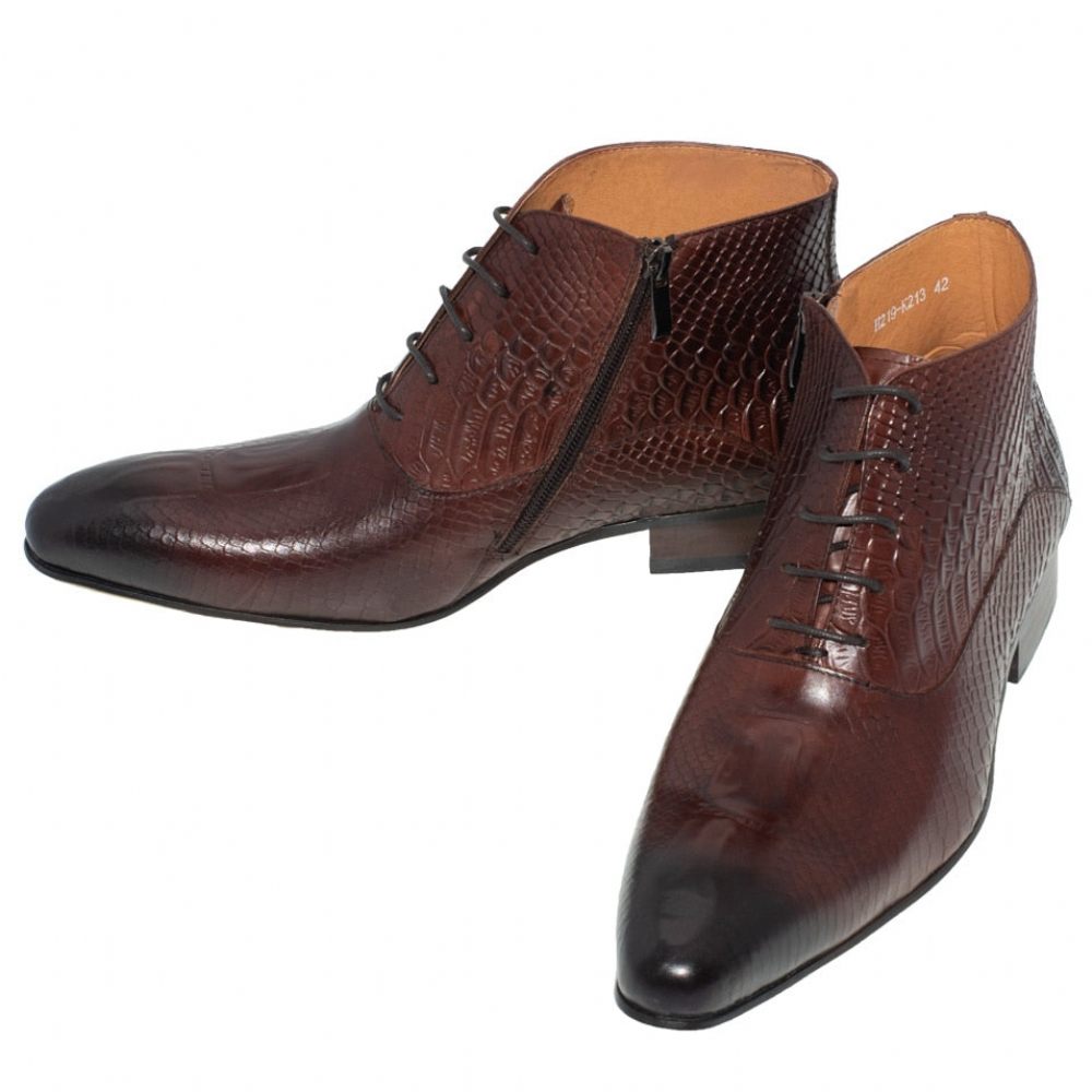 Bottes Pour Hommes Bottines Cuir Chic À Motif Croco Luxe - Café