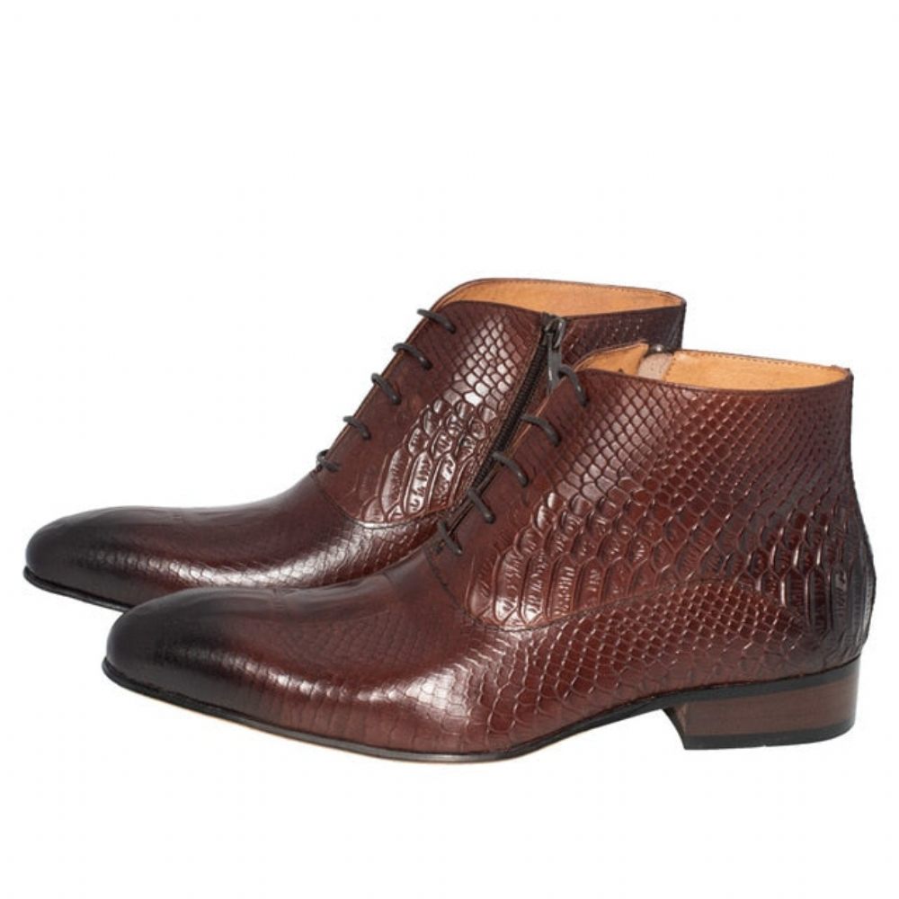 Bottes Pour Hommes Bottines Cuir Chic À Motif Croco Luxe - Café