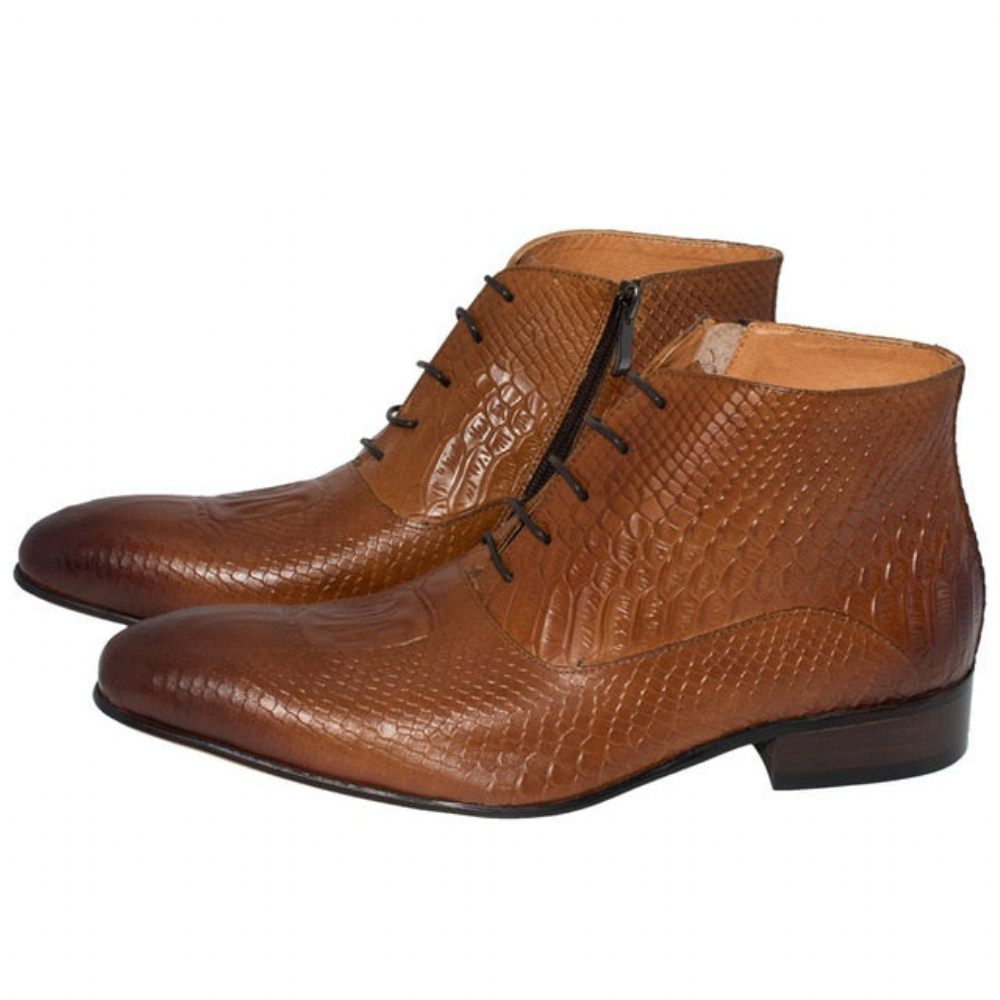 Bottes Pour Hommes Bottines Cuir Chic À Motif Croco Luxe - Marron