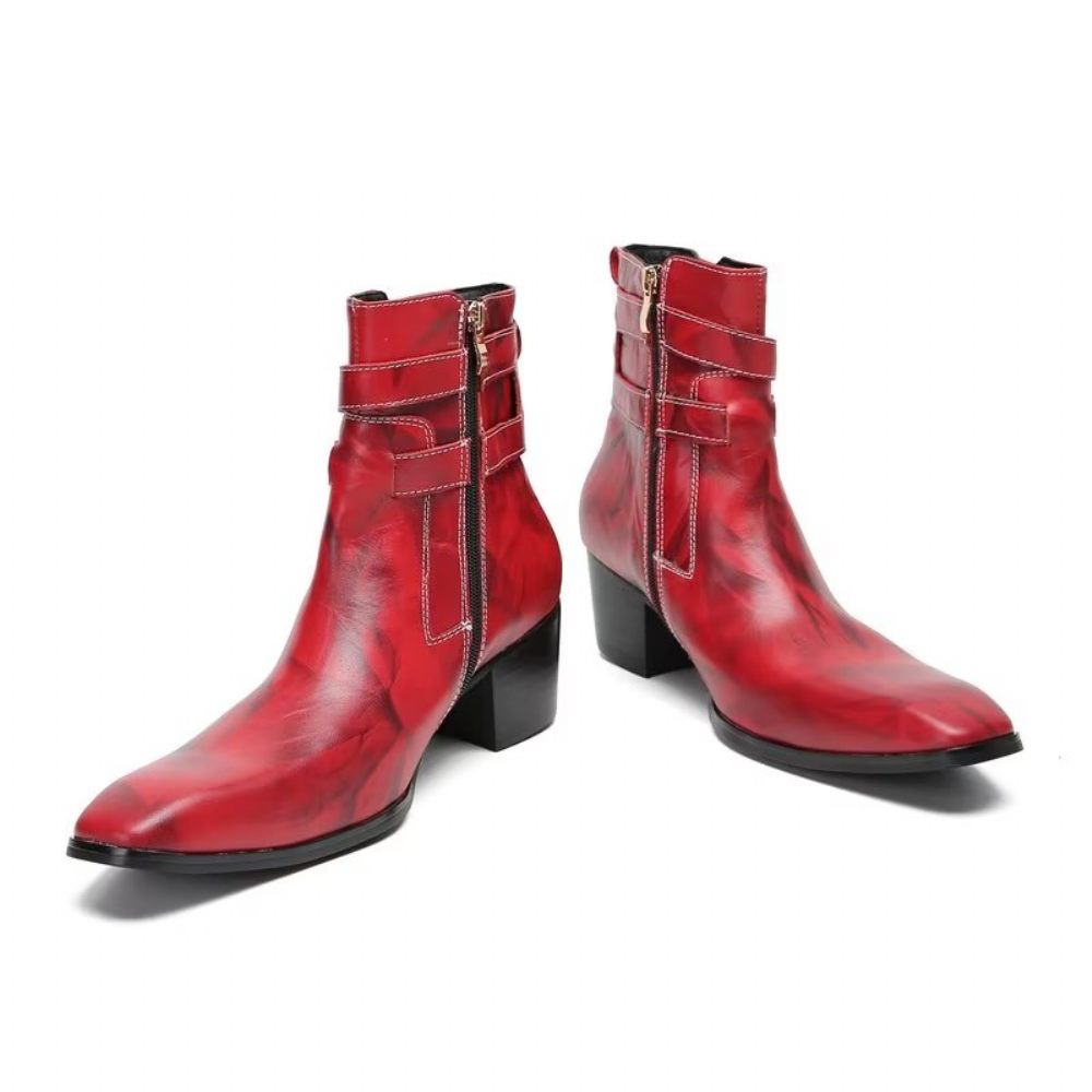 Bottes Pour Hommes Bottines Cuir Élégantes - Rouge