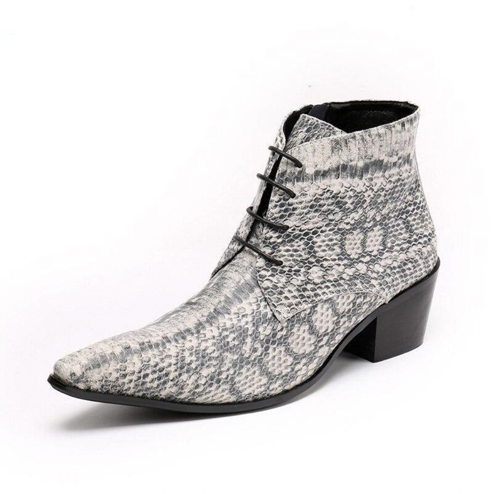 Bottes Pour Hommes Bottines Cuir À Lacets Peau Serpent - Gris