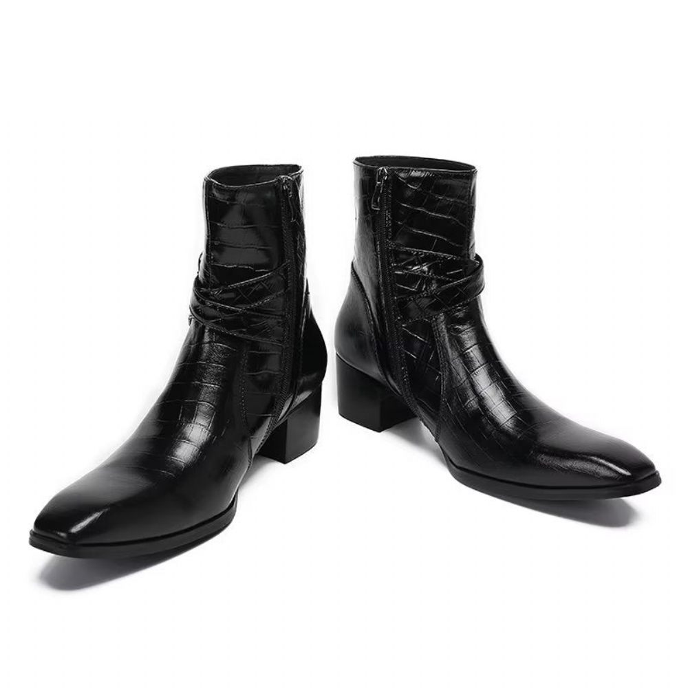 Bottes Pour Hommes Bottines Cuir À Motif Croco Luxe - Noir