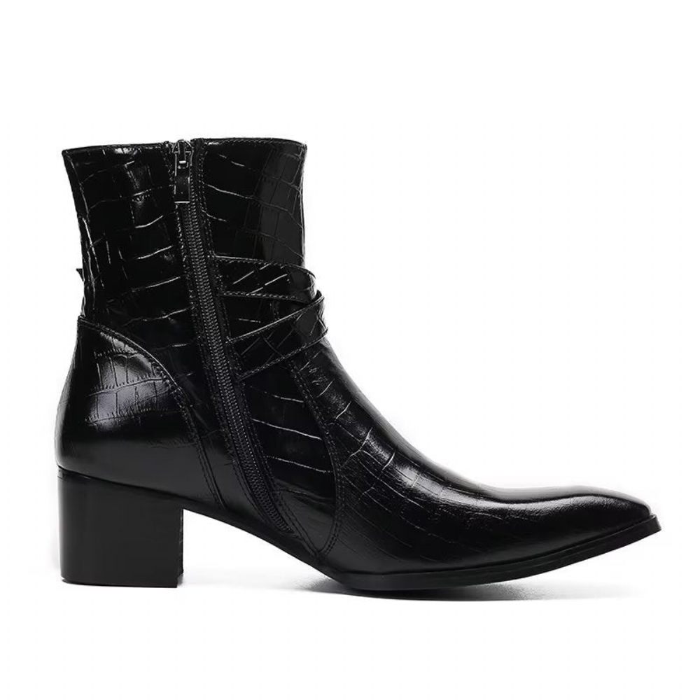 Bottes Pour Hommes Bottines Cuir À Motif Croco Luxe - Noir