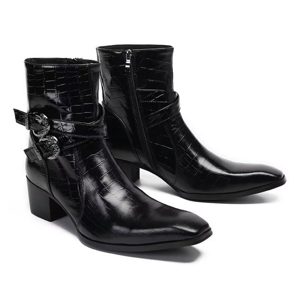 Bottes Pour Hommes Bottines Cuir À Motif Croco Luxe - Noir