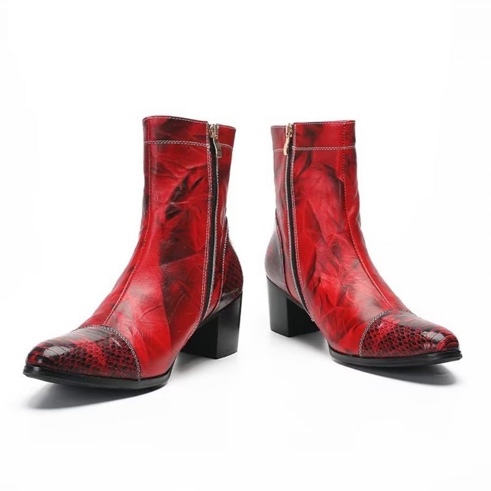 Bottes Pour Hommes Bottines Cuir Texturé - Rouge