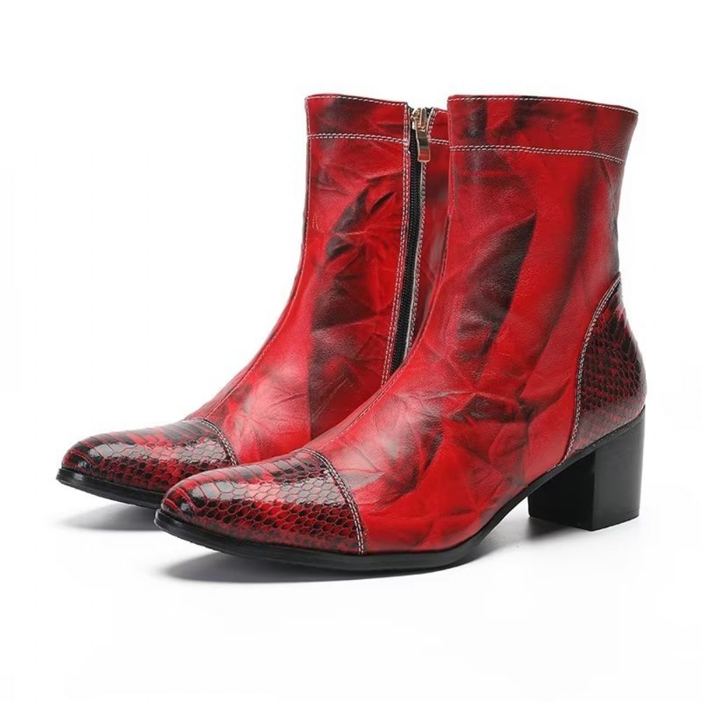 Bottes Pour Hommes Bottines Cuir Texturé - Rouge