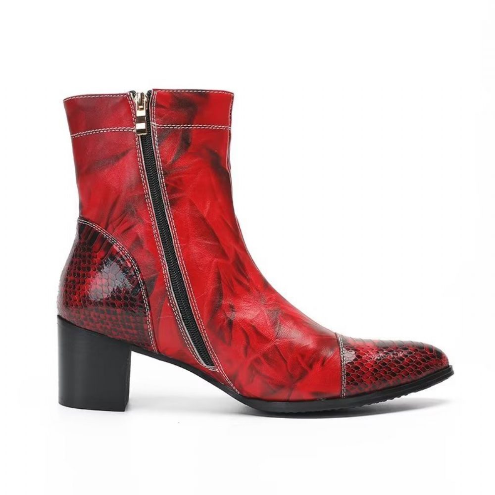 Bottes Pour Hommes Bottines Cuir Texturé - Rouge