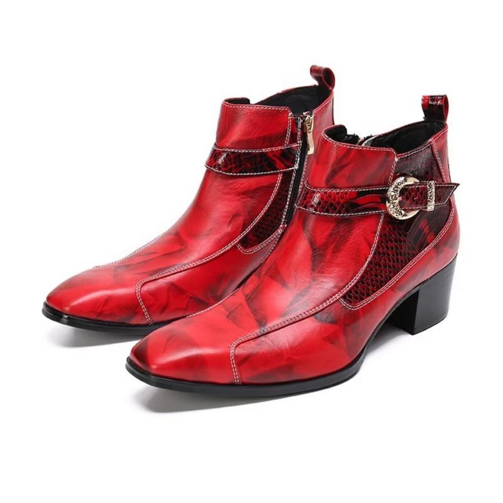 Bottes Pour Hommes Bottines Cuir Texturé - Rouge