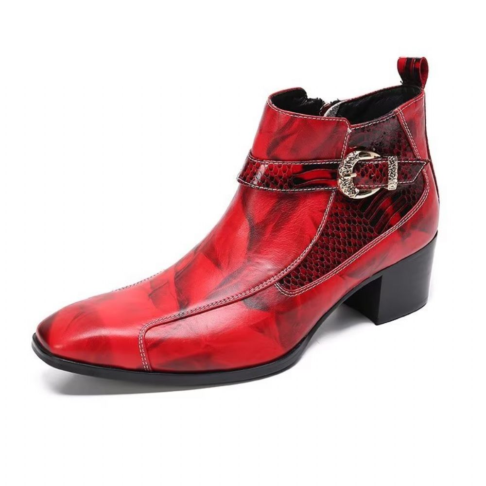 Bottes Pour Hommes Bottines Cuir Texturé - Rouge