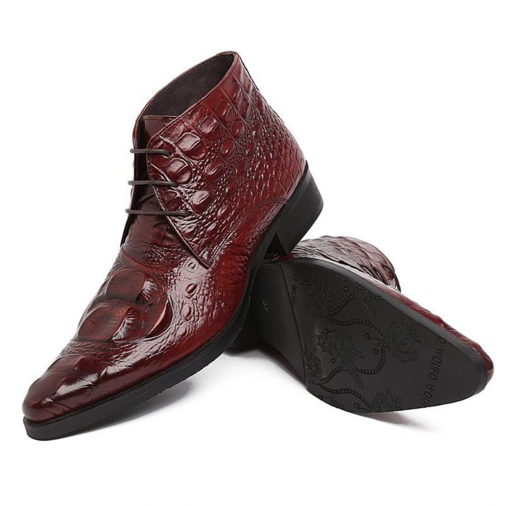 Bottes Pour Hommes Bottines Du Désert À Bout Pointu Cuir Crocodile Exotique - Rouge