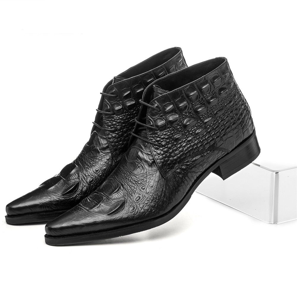 Bottes Pour Hommes Bottines Du Désert À Bout Pointu Cuir Crocodile Exotique - Noir