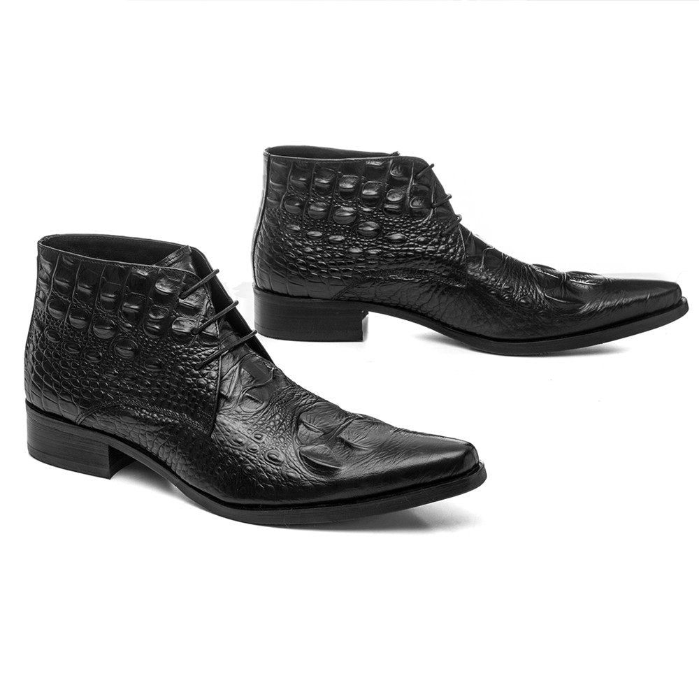 Bottes Pour Hommes Bottines Du Désert À Bout Pointu Cuir Crocodile Exotique - Noir