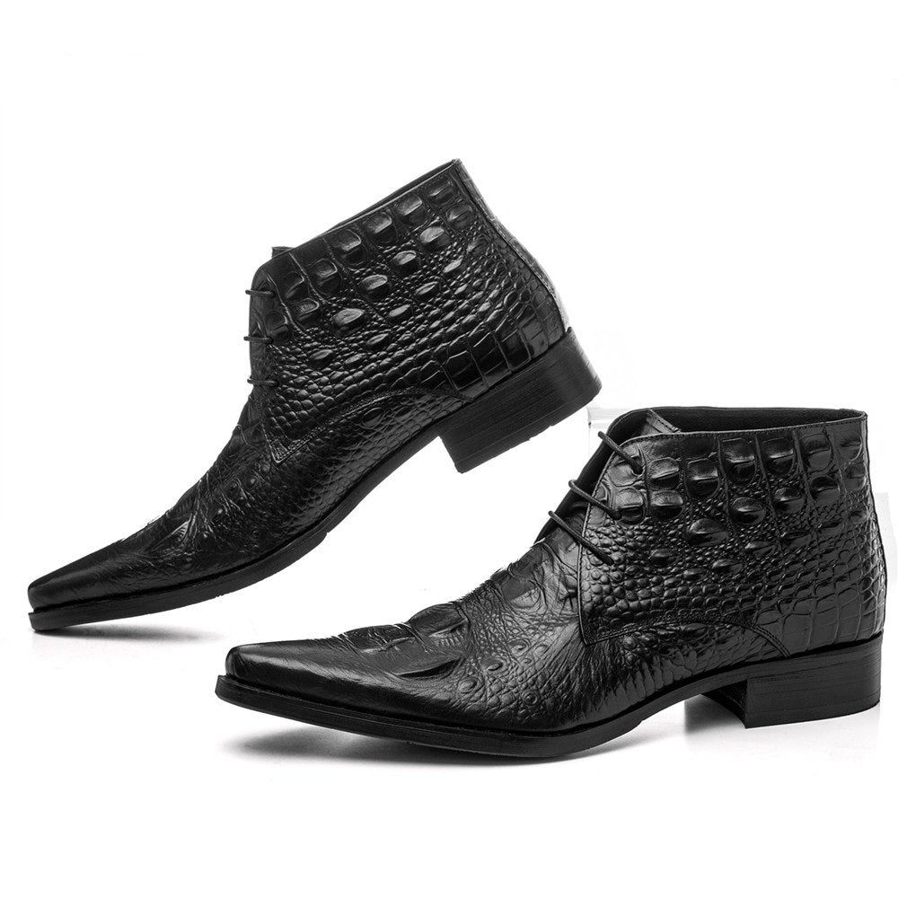 Bottes Pour Hommes Bottines Du Désert À Bout Pointu Cuir Crocodile Exotique - Noir