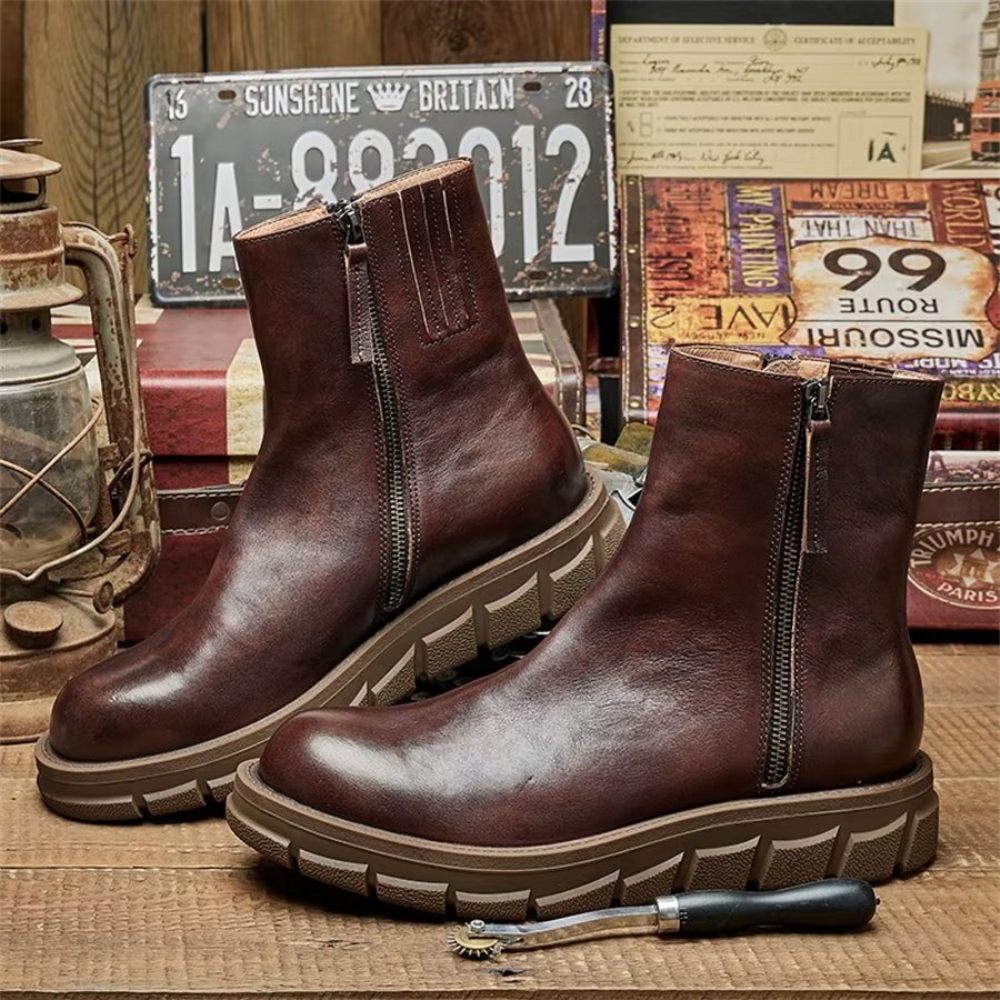 Bottes Pour Hommes Bottines Élégantes Cuir Vache À Enfiler Daim - Café