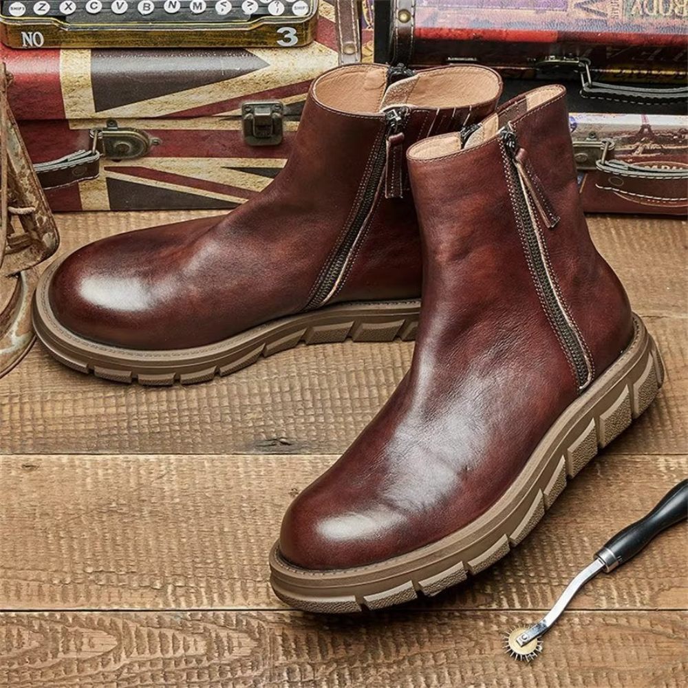 Bottes Pour Hommes Bottines Élégantes Cuir Vache À Enfiler Daim - Café