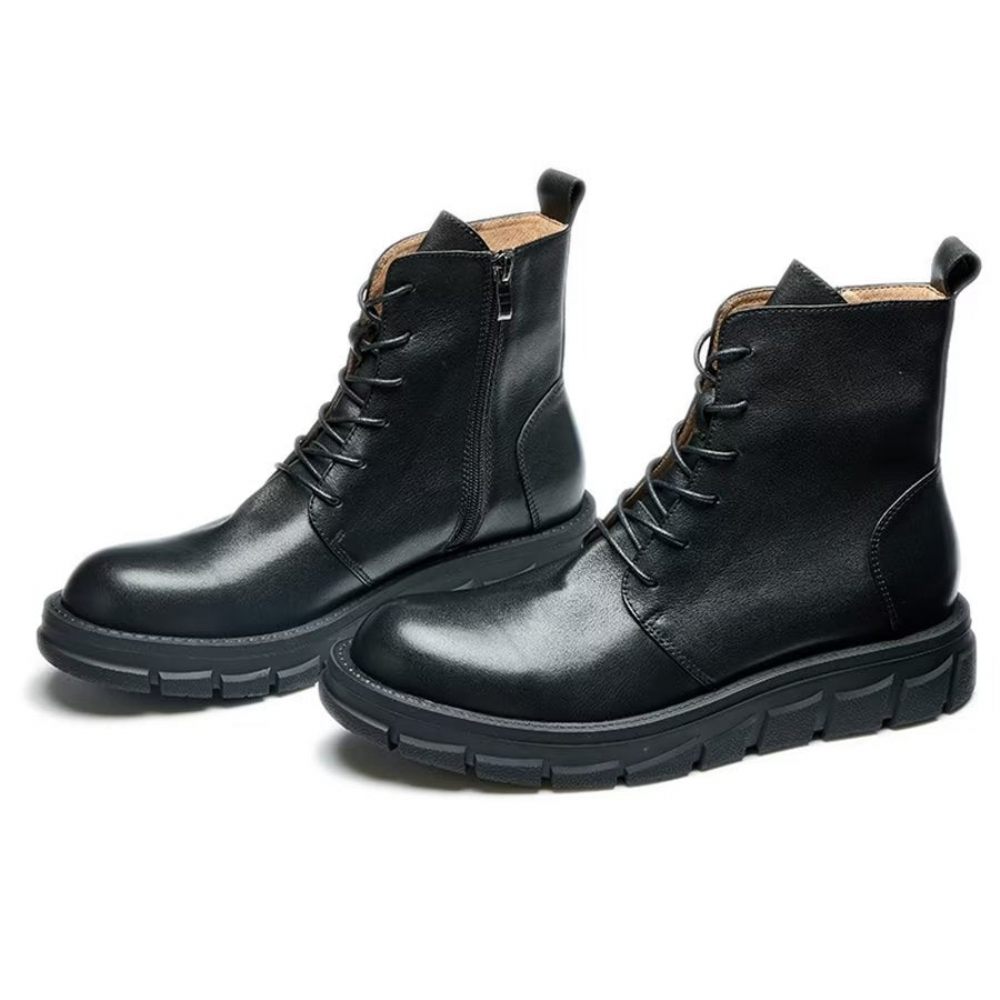 Bottes Pour Hommes Bottines Élégantes À Lacets Et Boucles Cuir Vache - Noir