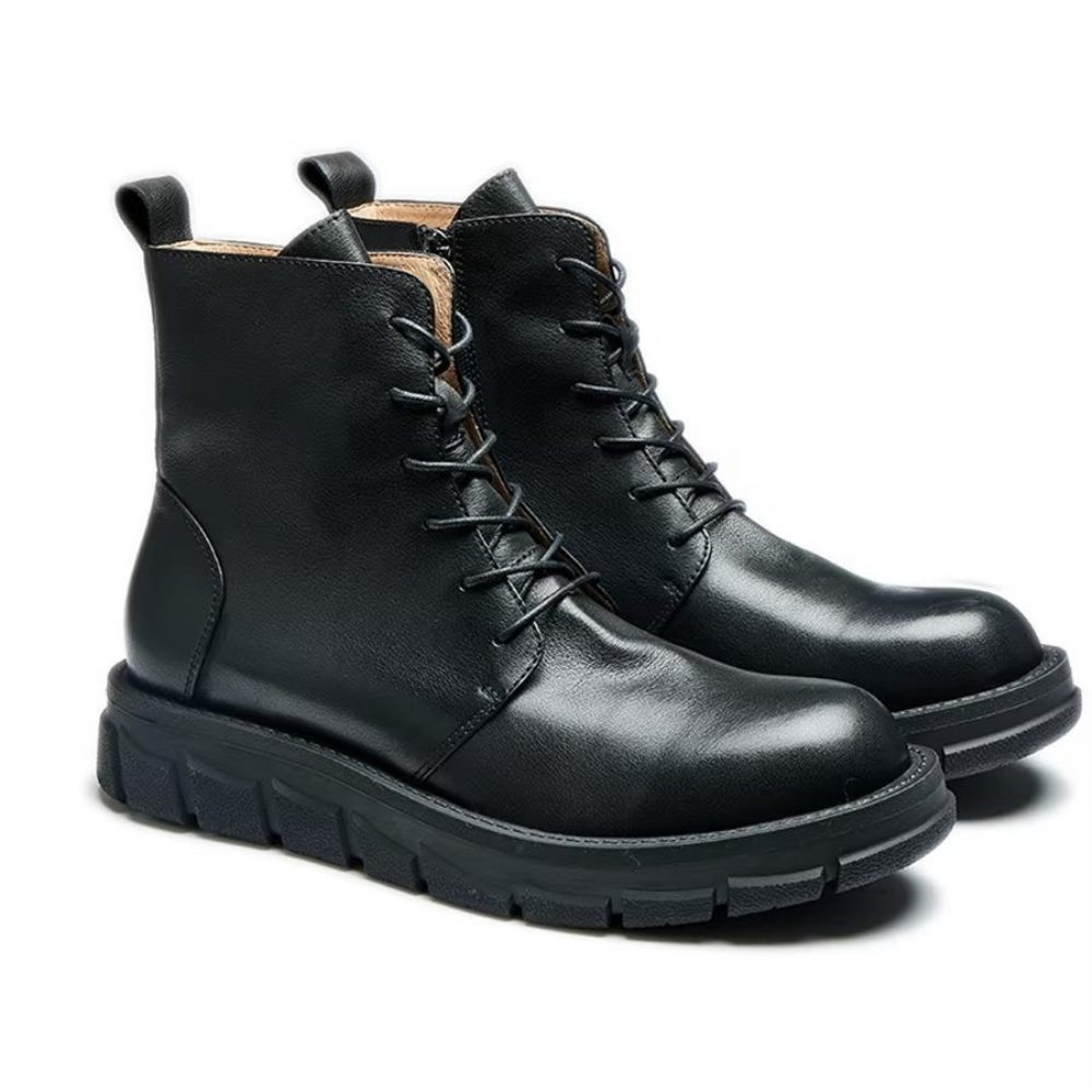 Bottes Pour Hommes Bottines Élégantes À Lacets Et Boucles Cuir Vache - Noir