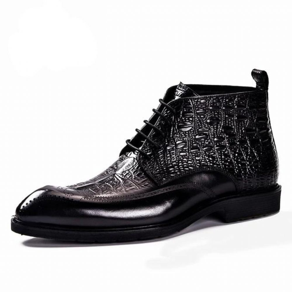 Bottes Pour Hommes Bottines Exotiques À Lacets Cuir Véritable - Noir