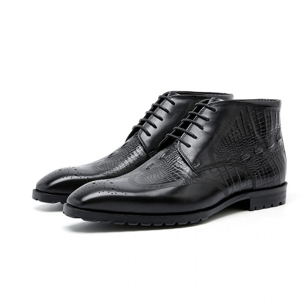 Bottes Pour Hommes Bottines Exotiques À Lacets Cuir Véritable - Noir