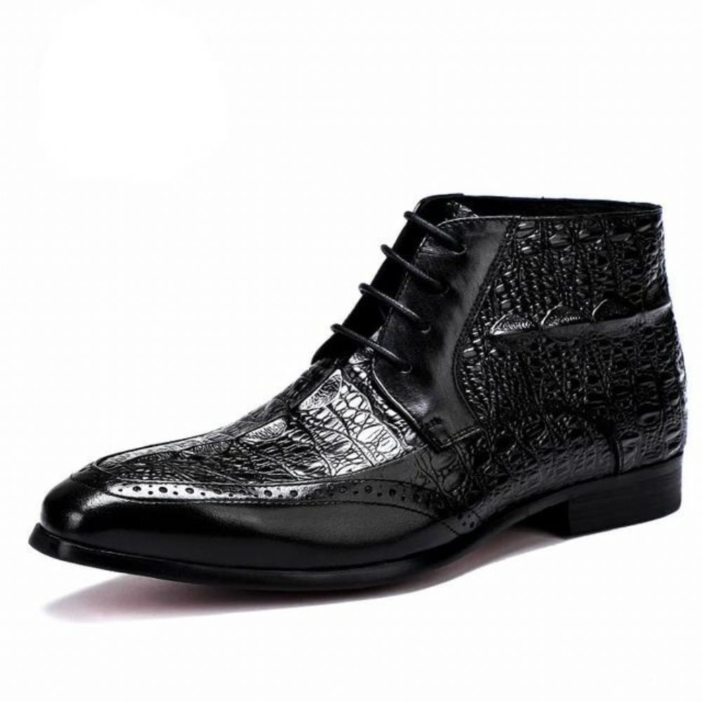 Bottes Pour Hommes Bottines Exotiques À Lacets Cuir Véritable - Noir