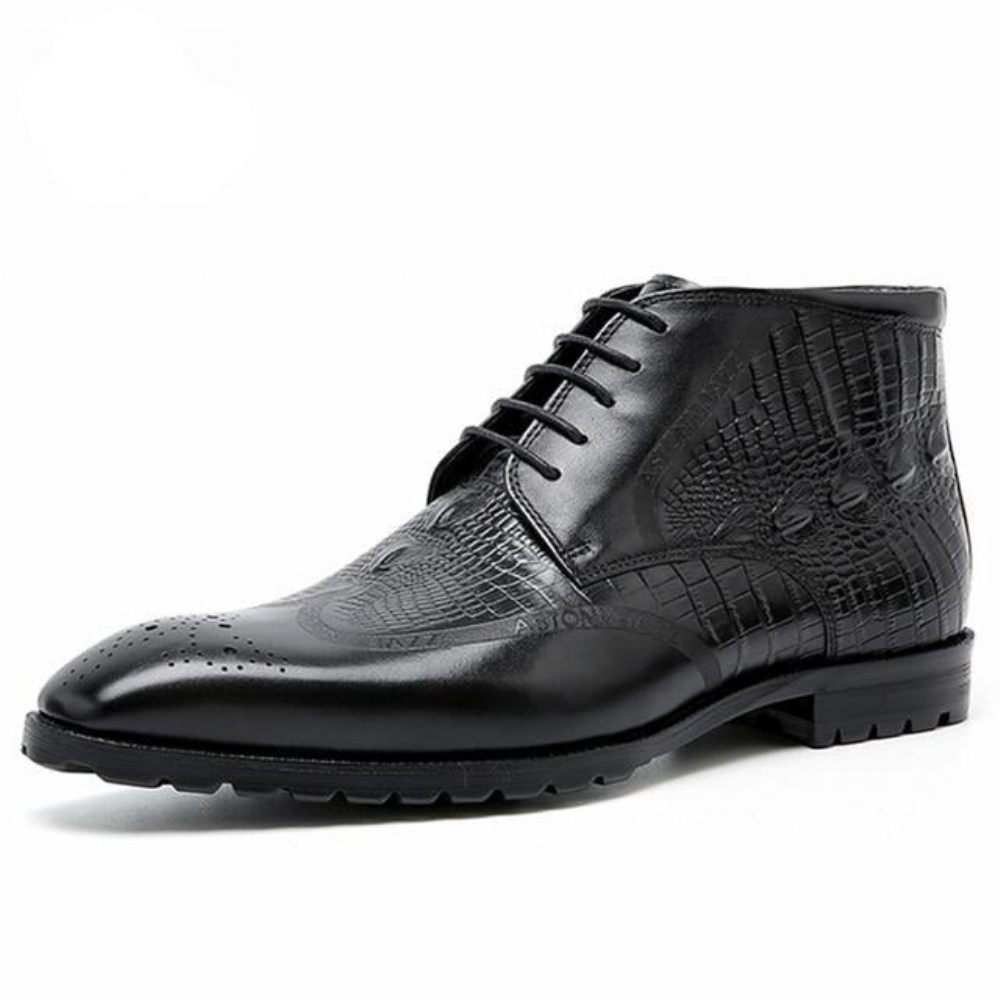 Bottes Pour Hommes Bottines Exotiques À Lacets Cuir Véritable - Noir