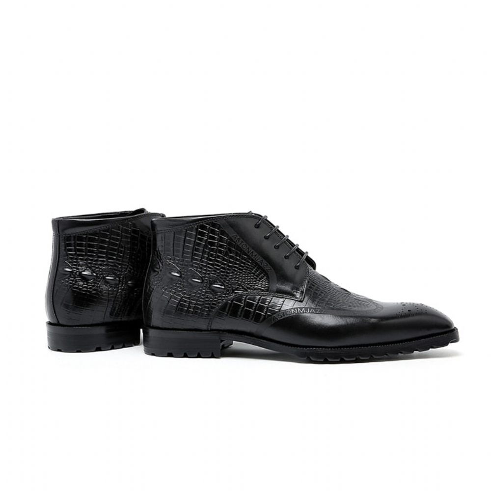 Bottes Pour Hommes Bottines Exotiques À Lacets Cuir Véritable - Noir