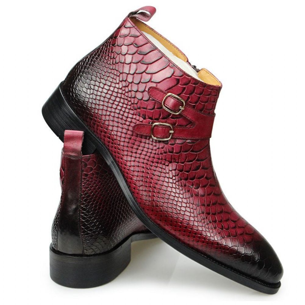 Bottes Pour Hommes Bottines À Fermeture Éclair Cuir Exotique Motif Peau Serpent - Rose