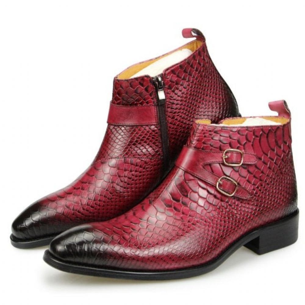 Bottes Pour Hommes Bottines À Fermeture Éclair Cuir Exotique Motif Peau Serpent - Rose