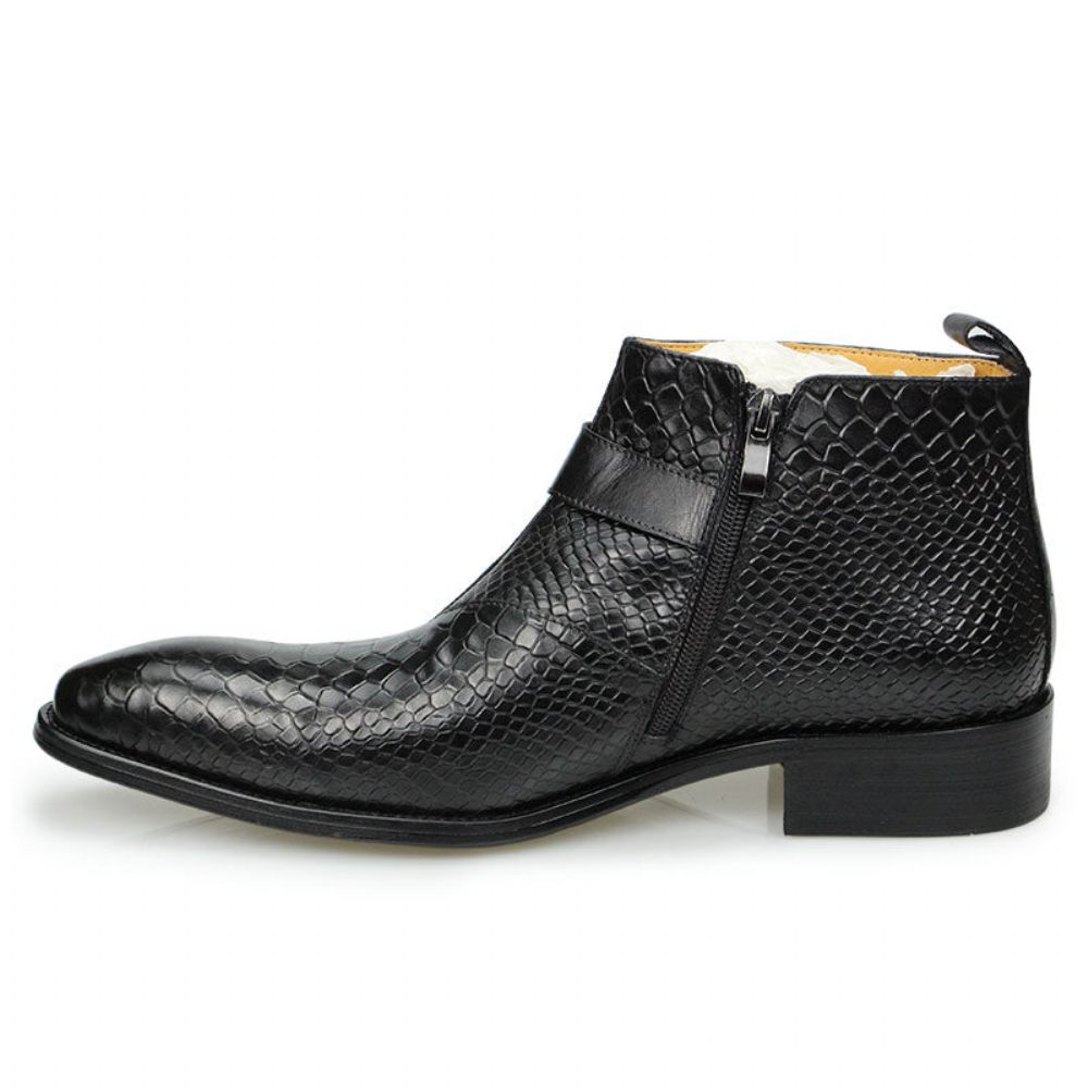 Bottes Pour Hommes Bottines À Fermeture Éclair Cuir Exotique Motif Peau Serpent - Noir