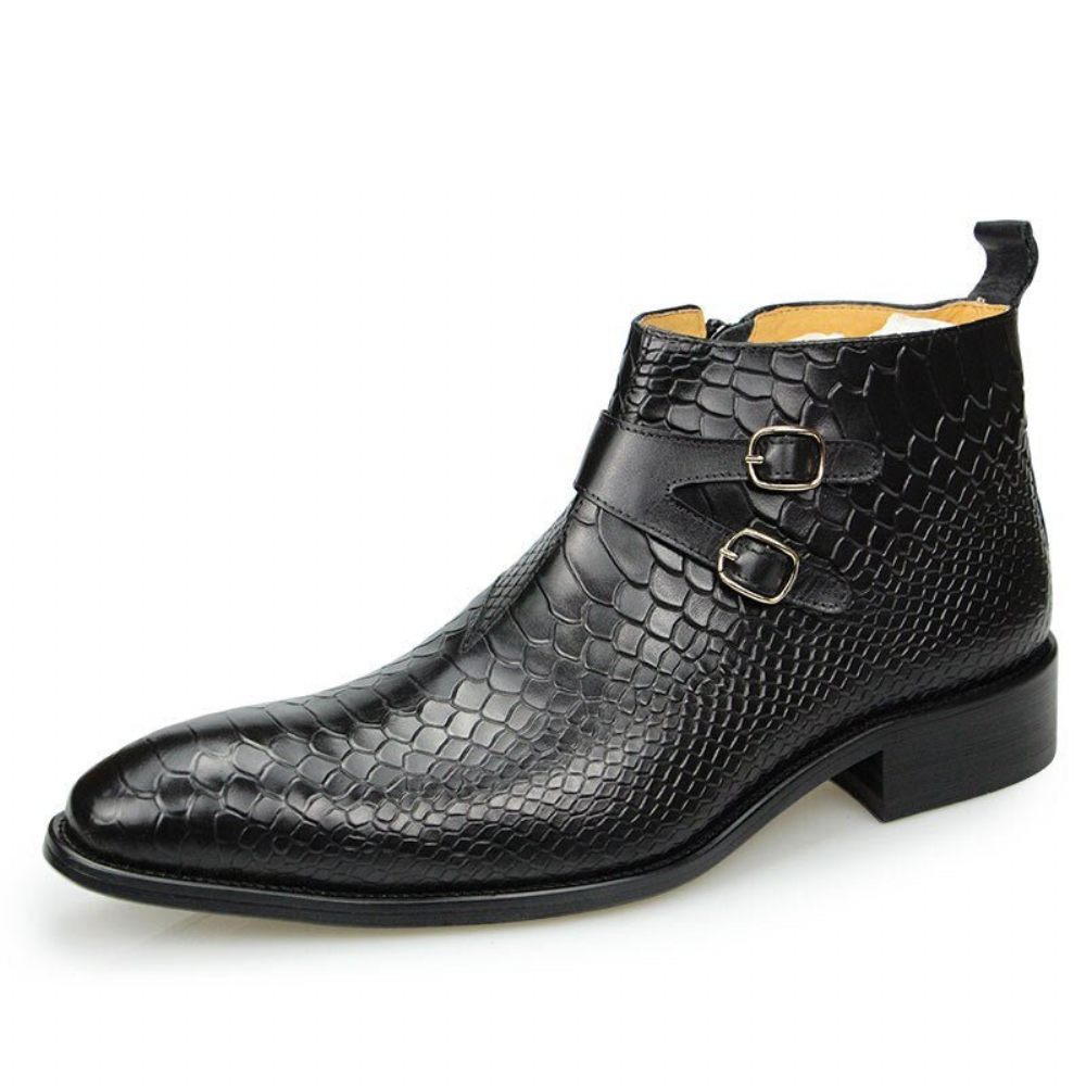 Bottes Pour Hommes Bottines À Fermeture Éclair Cuir Exotique Motif Peau Serpent - Noir