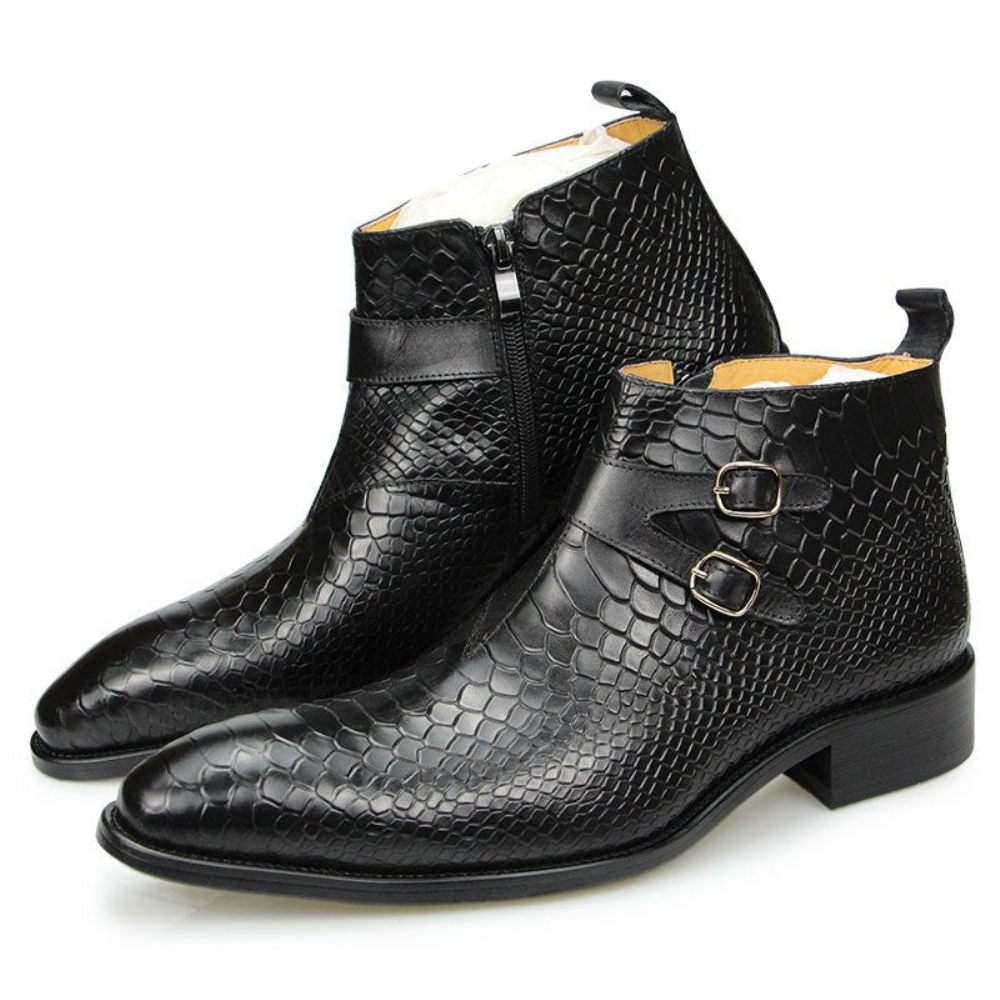 Bottes Pour Hommes Bottines À Fermeture Éclair Cuir Exotique Motif Peau Serpent - Noir