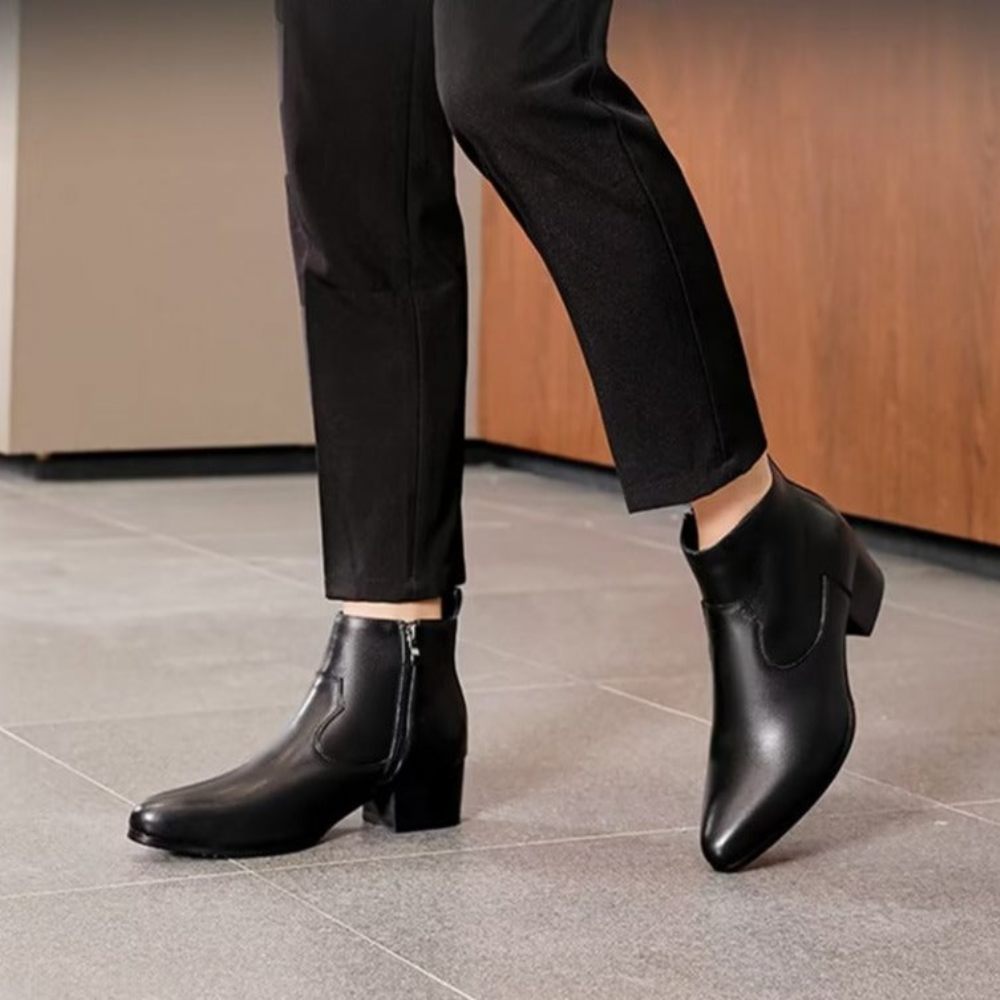 Bottes Pour Hommes Bottines À Fermeture Éclair Cuir Véritable - Noir