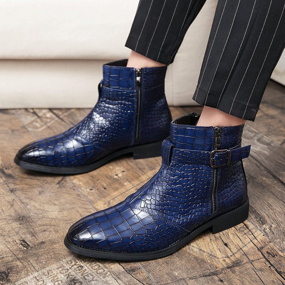 Bottes Pour Hommes Bottines À Fermeture Éclair Motif Croco Britannique - Bleu