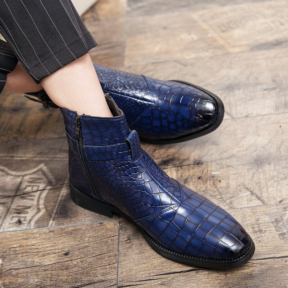 Bottes Pour Hommes Bottines À Fermeture Éclair Motif Croco Britannique - Bleu