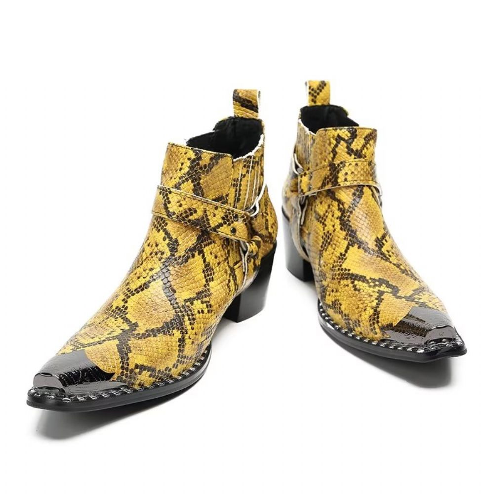 Bottes Pour Hommes Bottines Fête Cuir Noir - Jaune