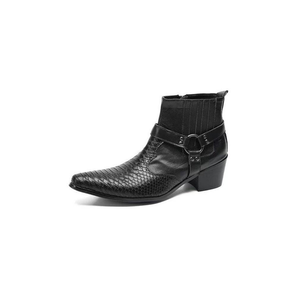 Bottes Pour Hommes Bottines Fête Cuir Noir Serpent Luxe - Noir