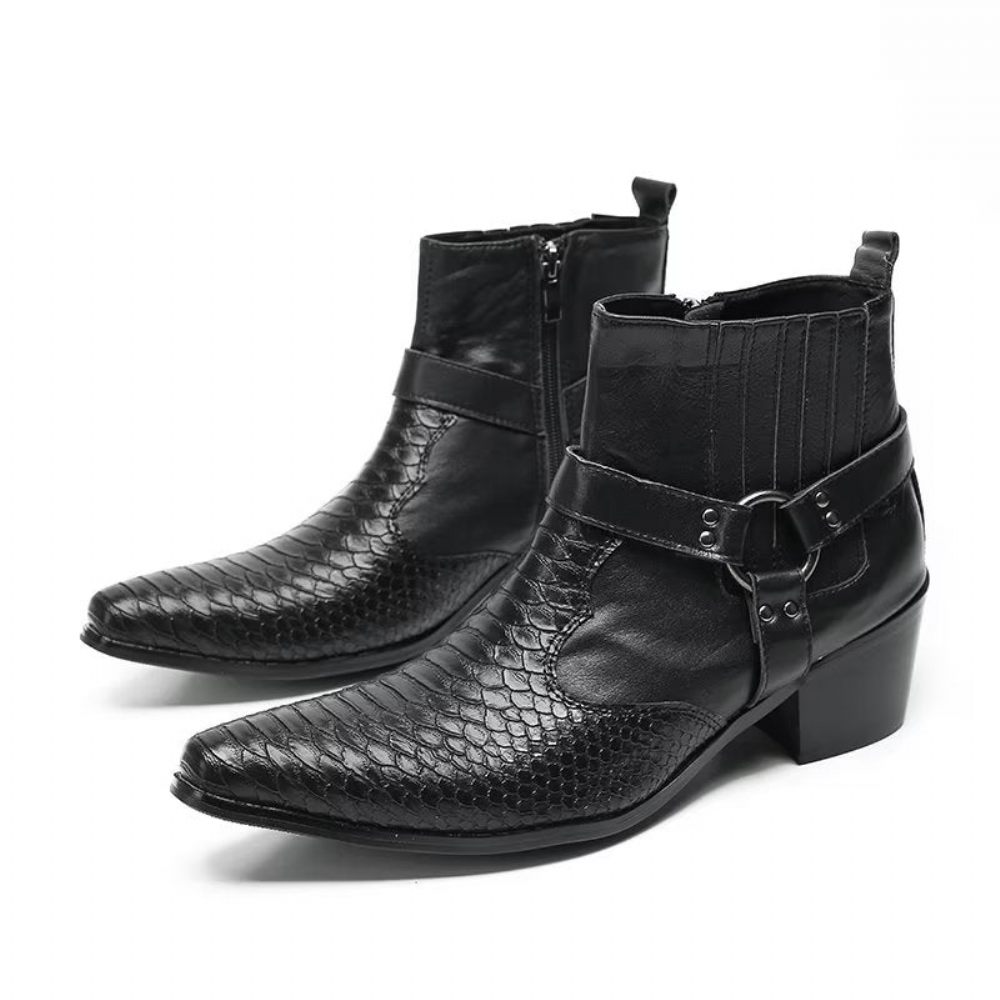 Bottes Pour Hommes Bottines Fête Cuir Noir Serpent Luxe - Noir