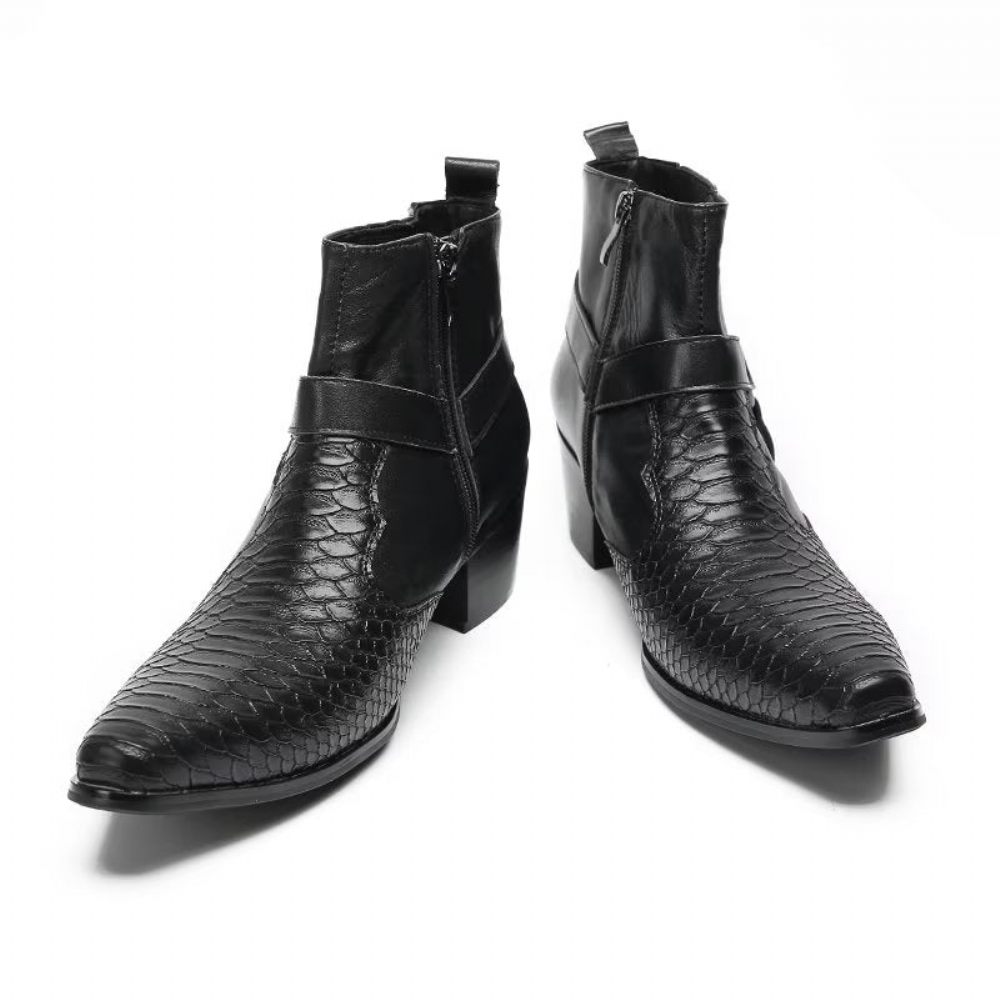 Bottes Pour Hommes Bottines Fête Cuir Noir Serpent Luxe - Noir