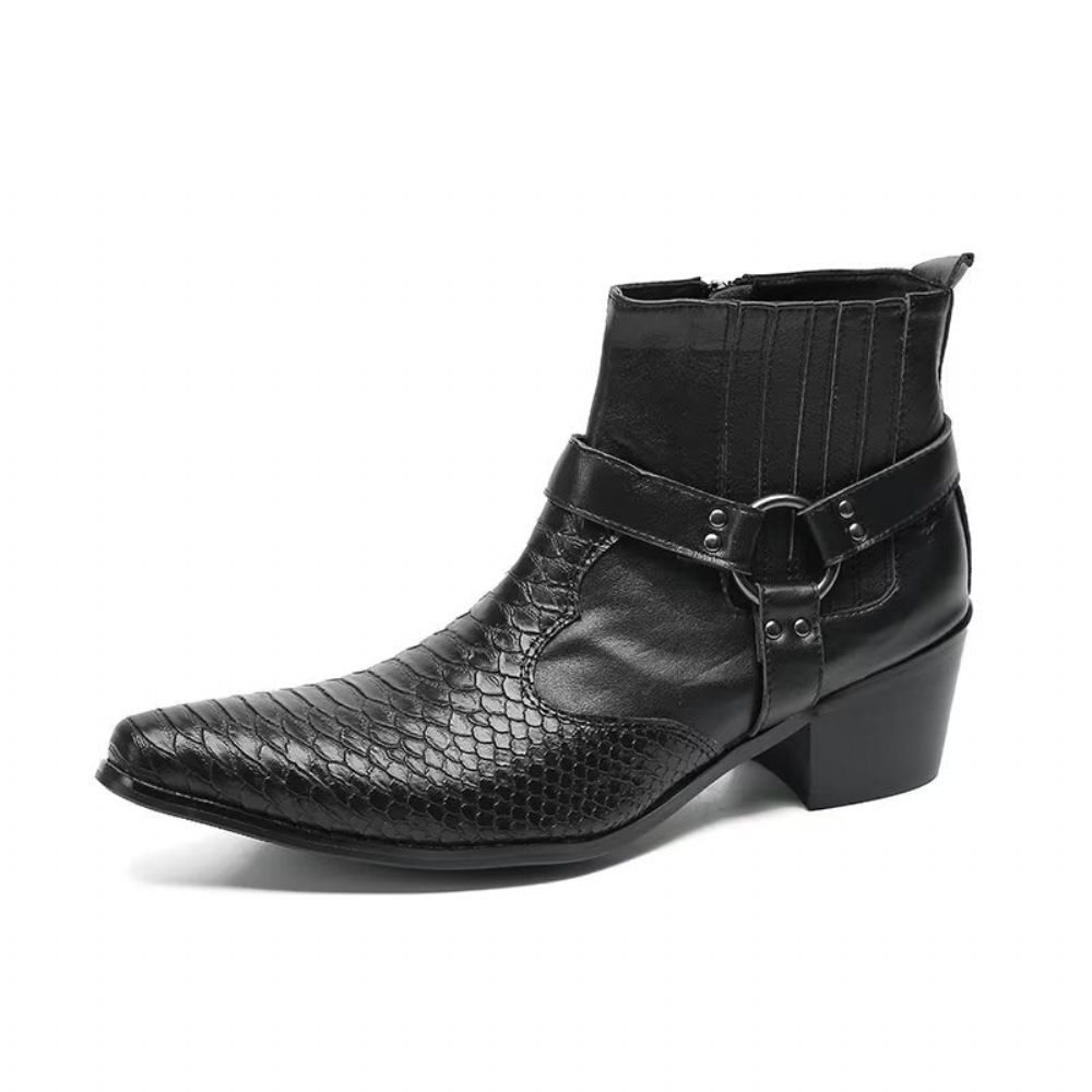 Bottes Pour Hommes Bottines Fête Cuir Noir Serpent Luxe - Noir