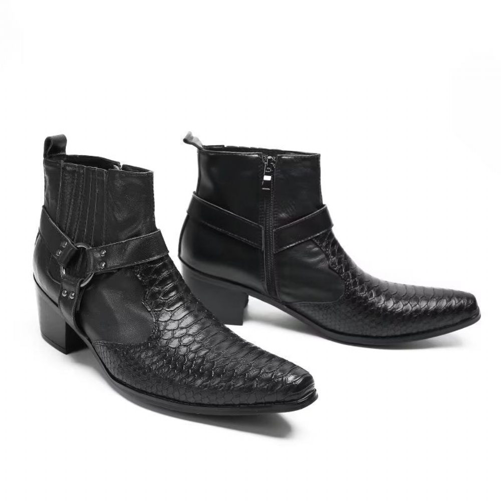 Bottes Pour Hommes Bottines Fête Cuir Noir Serpent Luxe - Noir