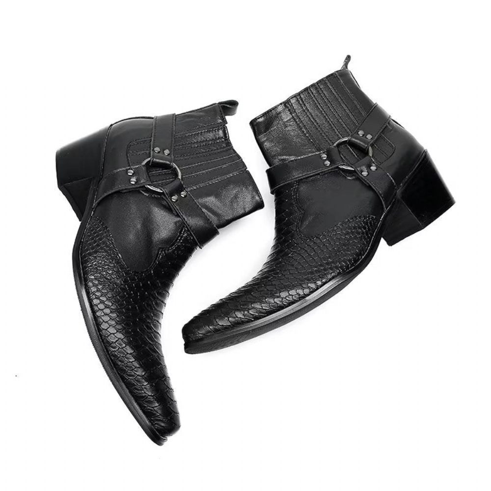 Bottes Pour Hommes Bottines Fête Cuir Noir Serpent Luxe - Noir