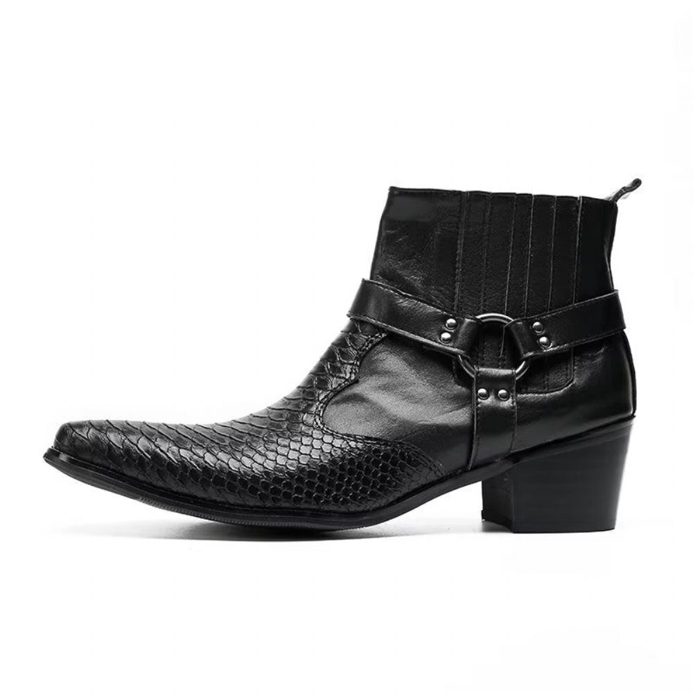 Bottes Pour Hommes Bottines Fête Cuir Noir Serpent Luxe - Noir